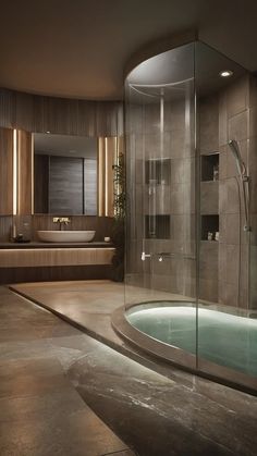 a modern bathroom with a glass enclosed shower