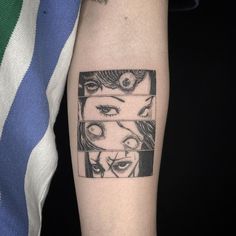 a woman's arm with a comic strip tattoo on the left side of her body