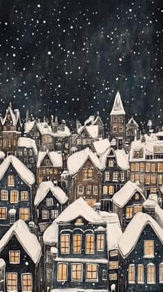 a painting of houses covered in snow at night