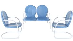 three blue chairs sitting next to each other on top of a white table and chair