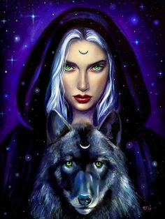 a woman with white hair and green eyes standing next to a wolf in front of stars