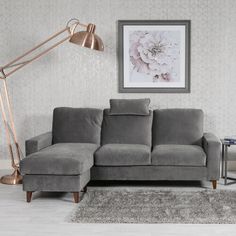 a living room with a gray couch and a rug on the floor next to a lamp