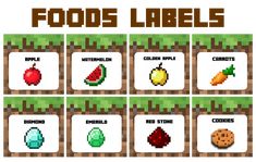 an image of food labels in pixel style with different fruits and vegetables on the top