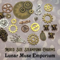 Random assortment of 20 metal embellishments in steampunk style. These pieces are constructed of metal and feature delicate details.  These pieces range in size and color; you will receive a random assortment. (I do my best to eliminate duplicates; if you would like multiples of a certain style, please send me a message.)  These charms can be used on jewelry, cards, scrapbook pages, tags, journals, art journals, and other mixed media and paper crafting projects. Victorian Clock, Metal Embellishments, Jewelry Cards, Paper Crafting Projects, Steampunk Style, Delicate Details, Steampunk Fashion, Paper Craft Projects, Mixed Metals