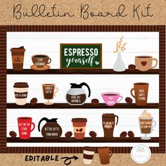 coffee mugs are lined up on shelves with the words, espresso yourself