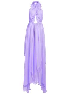 lavender purple silk chiffon crossover strap detail cut-out detailing halterneck halterneck tie fastening concealed rear zip fastening open back handkerchief hem maxi Formal Halter Neck Pre-draped Maxi Dress, Chiffon Backless Evening Dress, Chiffon Halter Neck Evening Dress, Formal Sleeveless Maxi Dress With Crisscross Straps, Chiffon Sleeveless Backless Dress For Evening, Sleeveless Chiffon Backless Evening Dress, Sleeveless Chiffon Backless Dress For Evening, Chic Chiffon Backless Evening Dress, Floor-length Maxi Dress With Crisscross Straps