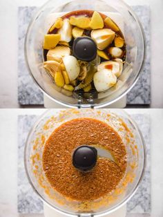 two pictures showing the process for making an apple pie in a food processor, and then blending it with other ingredients