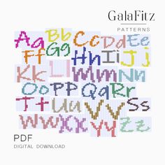 a cross stitch alphabet pattern with the letters in different colors