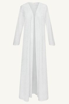 Indulge in luxury and sophistication with our Malak Embroidered Open Abaya in White. This classic abaya with a modest silhouette is elevated by delicate embroidered detailing and a subtle texture fabric. The breezy and versatile design adds a touch of elegance to any ensemble. Elevate your wardrobe with this exclusive piece. Model is 5'7" and is wearing size XS/58". Elegant Floor-length Thobe With Floral Embroidery, Elegant Kaftan With Chikankari Embroidery For Wedding, Elegant Floral Embroidered Kaftan For Evening, Elegant Floral Embroidered Evening Kaftan, Elegant Abaya With Chikankari Embroidery For Eid, Elegant Floral Embroidery Kaftan For Evening, Elegant Long Sleeve Thobe With Floral Embroidery, Elegant Chikankari Embroidery Kaftan For Eid, Elegant Long Sleeve Kaftan With Floral Embroidery