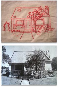 two pictures with red ink on them, one shows a house and the other shows a tree