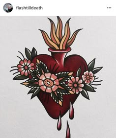 a drawing of a heart with flowers and leaves in the center, dripping water on it