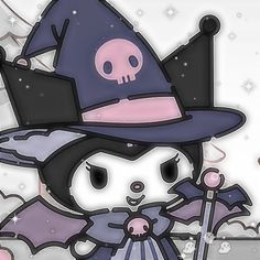 a cartoon character wearing a witches hat and holding a broom with a skull on it