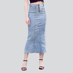 Light blue long fashion skirt online. Cool denim skirt from the 2022 Summer collection. The fashionable outfit helps to look stylish and draws the attention of others. Light blue is a popular, versatile color that is an excellent alternative to darker shades. Bleached pattern denim is the hottest trend for this season. A trumpet fit type is a modification of a classic pencil skirt with a peplum hem. High-waisted rise is naturally an excellent fit for those with an hourglass shape, as they accent Womens Denim Skirts, White Jeans Men, Yellow Denim, Hourglass Shape, Maxi Styles, Peplum Hem, Skirts Online, Light Blue Color, Hottest Trends