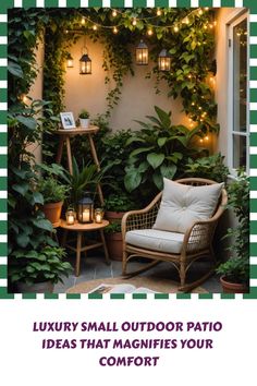 an outdoor patio with potted plants and lights on the wall, surrounded by greenery