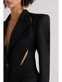 ALEXANDER MCQUEEN Asymmetric cutout grain de poudre wool, taffeta and silk-blend satin blazer | NET-A-PORTER Structured Blazer, Blazer For Women, Alexander Mcqueen Clothing, Satin Blazer, Futuristic Fashion, Notched Collar, Long Sleeve Tunic, Black Blazers, Blazers For Women