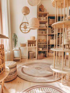 a living room filled with lots of furniture and baskets