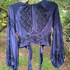 Free People | Tops | Free People Indigo Blue Silk Embroidered Poet Sleeve Top Blouse S 98 | Poshmark Poet Sleeve, Women Lace Blouse, Sheer Long Sleeve Top, Embroidered Crop Tops, Wrap Shirt, Boho Tunics, Boho Print, Blue Silk, Crop Blouse