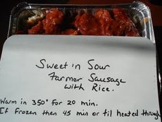 a sign that says sweet in sour farmer's sausage with rice written on it