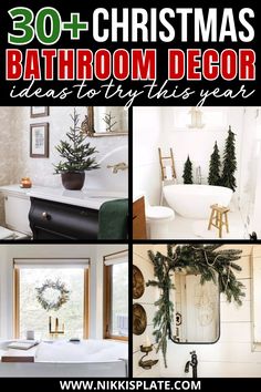 30 CHRISTMAS BATHROOM DECOR IDEAS TO TRY THIS SEASON - Get into the festive spirit with these Christmas bathroom decor ideas! Discover unique and budget-friendly tips to transform your bathroom into a winter wonderland, bringing all the Christmas cheer right into your home! Neutral Christmas Bathroom Decor, Minimal Christmas Bathroom Decor, Guest Bathroom Ideas Towels, Christmas Restroom Decor Ideas, Washroom Christmas Decor, Bathroom Holiday Decor Christmas, Bathroom Xmas Decor Ideas, Half Bathroom Christmas Decor, Holiday Bathroom Decor Christmas