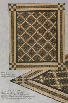 two quilts with different patterns on them, one is brown and the other is black