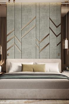 a modern bedroom with an upholstered headboard and large bed in the middle