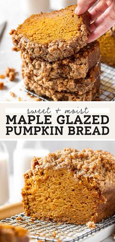 a stack of pumpkin bread on top of a cooling rack with the words, sweet to make maple glazed pumpkin bread