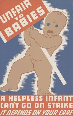 there is a poster with an image of a baby holding a sign in it's hand