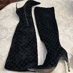 Tom Ford Designed Gucci Velvet Boots. These Are A Show Stopper! Rare Gem! Gorgeous Gucci Logo Design Covering The Entire Boot! Excellent Preowned Condition! I Boot Is 26 1/2 Inches Long. Us Size 7 1/2 Or 8 Size 38 Comes With Original Dust Bag. (These May Come Above Your Knee Depending On The Width Of You Legs/ Calves) Gucci Logo Design, Velvet Boots, Gucci Logo, Rare Gems, Gucci Shoes, Over The Knee Boots, Over The Knee, Tom Ford, Cover Design