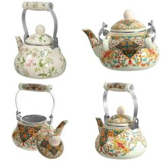 four tea kettles with different designs on them