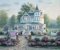 a painting of a house with flowers in the front yard and a picket fence surrounding it