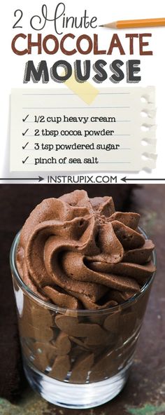 chocolate mousse in a glass bowl with instructions