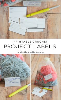 printable crochet project labels and yarn on a wooden table with yellow pencils