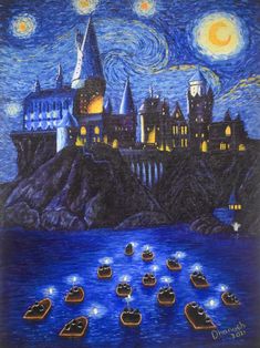 a painting of hogwarts castle at night with boats floating in the water below