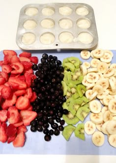 an assortment of fruits and muffins on a blue tray next to each other