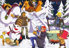 anime characters are gathered around a snowman