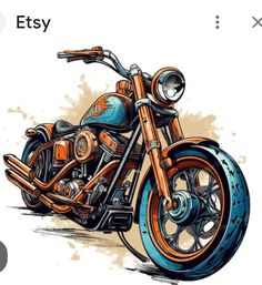 an orange and blue motorcycle is shown on a white background with the words etsy above it