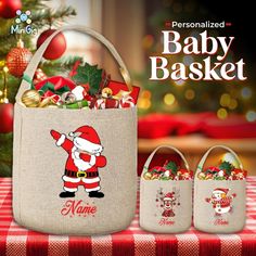 the baby basket is decorated with santa's helpers