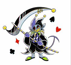 an image of a cartoon character holding a broom and playing cards with hearts in the background