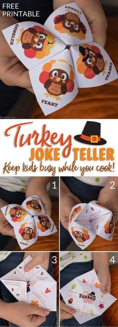 instructions to make turkey joke teller cards for thanksgiving