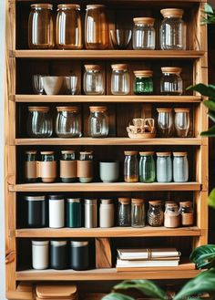 the shelves are filled with many different kinds of jars