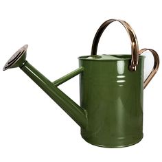 a green watering can with a metal handle