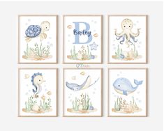 four nursery wall art prints featuring sea animals and the letters b, c, d