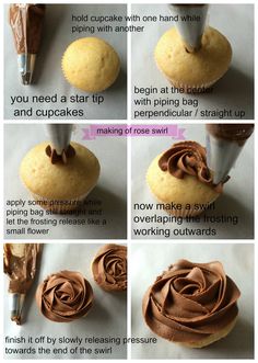 instructions to make cupcakes with chocolate frosting and piping on the top