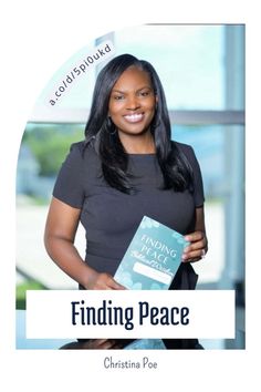 a woman holding a book with the title finding peace in front of her is an image of