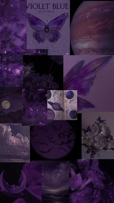 a collage of images with purple and black colors in the middle one has a butterfly on it's wings