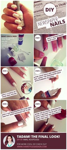 This is kinda super cool. Now I wish I painted my nails more.  DIY : Newspaper Nails Newspaper Nail Art, Newspaper Nails, Base Coat Nail Polish, Gel Nails Long, Diy Newspaper, Rid Of Blackheads, Nails Opi, Newspaper Print, Print Nails