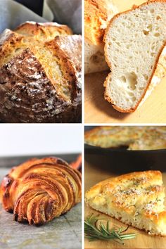 four different pictures of bread and other food items