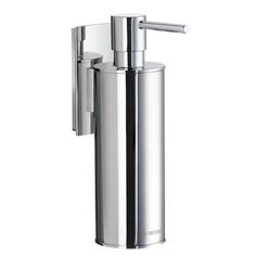 a stainless steel soap dispenser on a white background