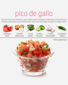 a bowl filled with sliced tomatoes and onions next to an info sheet about how to cook pico de gallo