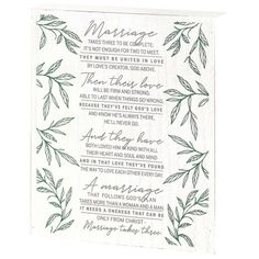 a white napkin with green leaves on it and the words marriage written in cursive writing